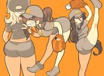  3girls ass back baseball_mitt black_hair blonde_hair blush brown_gloves brown_hair choi_seol-hwa choi_seol-hwa_(cosplay) cosplay fingerless_gloves gashi-gashi gloves grey_footwear grey_headwear grey_shirt grey_shorts hat leaning_forward multiple_girls open_mouth orange_theme original photo-referenced ponytail shirt shoes short_sleeves shorts smile sweat v white_eyes 