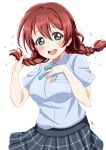  1girl :d adjusting_hair bangs black_skirt blue_shirt blush bow bowtie braid breasts commentary_request emma_verde freckles green_eyes green_neckwear hand_on_own_chest highres large_breasts love_live! love_live!_nijigasaki_high_school_idol_club nijigasaki_academy_uniform open_mouth plaid plaid_skirt pleated_skirt ranemu redhead shirt short_hair short_sleeves sidelocks signature simple_background skirt smile solo summer_uniform twin_braids upper_body upper_teeth white_background 