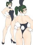  1girl absurdres animal_ears asimatosinosin ass bare_legs black_footwear black_leotard black_neckwear bow bowtie bunny_tail detached_collar fake_animal_ears fake_tail from_behind glasses green_hair hands_on_hips high_heels highleg highleg_leotard highres jujutsu_kaisen leotard looking_at_viewer looking_back medium_hair multiple_views orange_eyes playboy_bunny ponytail rabbit_ears simple_background strapless strapless_leotard tail white_background wrist_cuffs zenin_maki 