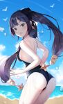  1girl absurdres aqua_eyes ass beach blue_sky bow breasts competition_swimsuit day earrings from_behind genshin_impact hair_bow hair_ornament highres jewelry long_hair looking_at_viewer looking_back mona_(genshin_impact) ocean one-piece_swimsuit purple_hair sideboob sky swimsuit swimwear t373412 twintails very_long_hair wet 