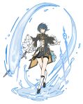  1boy bangs blue_hair boots chinese_clothes closed_mouth frills genshin_impact highres holding holding_sword holding_weapon jennygin2 jewelry knee_boots long_sleeves male_focus shorts simple_background single_earring solo sword tassel vision_(genshin_impact) water weapon white_background xingqiu_(genshin_impact) yellow_eyes 