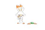  brown_eyes carrot commentary_request fang gen_8_pokemon highres holding nao_me_mo paws pokemon pokemon_(creature) scorbunny simple_background solo standing starter_pokemon toes white_background 