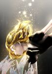  1other absurdres androgynous black_neckwear blonde_hair closed_mouth collar crack gem_uniform_(houseki_no_kuni) hands highres houseki_no_kuni looking_down medium_hair necktie short_sleeves sparkle upper_body v-sil yellow_diamond_(houseki_no_kuni) yellow_eyes 