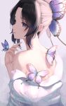  1girl absurdres back black_hair bug butterfly butterfly_hair_ornament butterfly_on_hand commentary_request from_behind hair_ornament hand_up haori highres insect japanese_clothes kimetsu_no_yaiba kochou_shinobu looking_to_the_side medium_hair off_shoulder purple_butterfly sidelocks single_bare_shoulder solo tooku0 violet_eyes 