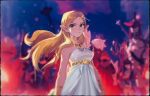  1girl bangs bare_shoulders blonde_hair blurry blurry_background blush bracelet breasts closed_mouth commentary_request dress green_eyes jewelry light lips long_hair looking_at_viewer multiple_others necklace off-shoulder_dress off_shoulder parted_bangs pointy_ears princess_zelda sasataeko serious sleeveless sleeveless_dress solo_focus standing the_legend_of_zelda white_dress wind 