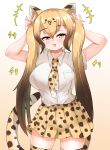  +++ 1girl akaisuto alternate_hairstyle animal_ears animal_print arms_up bangs bare_arms blonde_hair breast_pocket brown_hair cat_girl cheetah_(kemono_friends) cheetah_ears cheetah_girl cheetah_print cheetah_tail collared_shirt commentary_request extra_ears eyebrows_visible_through_hair fang fingernails gradient_hair hair_between_eyes half-closed_eyes highres holding holding_hair kemono_friends long_hair looking_at_viewer miniskirt multicolored_hair nail_polish necktie open_mouth pleated_skirt pocket print_legwear print_neckwear print_skirt shirt short_sleeves skirt smile solo tail thigh-highs twintails two-tone_hair very_long_hair white_shirt wing_collar yellow_eyes zettai_ryouiki 