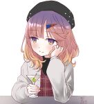  1girl alternate_costume bangs black_footwear blonde_hair blush cocktail_glass cup dated drinking_glass elbow_rest eyebrows_visible_through_hair gradient_hair hair_ornament hairclip hat head_rest holding holding_cup jacket kantai_collection long_sleeves multicolored_hair pink_hair purple_hair simple_background smile solo tsushima_(kancolle) u0709 upper_body violet_eyes white_background 