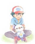  1boy :d artist_name ash_ketchum bangs baseball_cap black_hair blue_jacket brown_eyes commentary_request fingerless_gloves gen_5_pokemon gloves grey_pants hair_between_eyes hat highres jacket male_focus mei_(maysroom) on_lap open_mouth oshawott pants pokemon pokemon_(anime) pokemon_(creature) pokemon_bw_(anime) pokemon_on_lap shoes short_hair short_sleeves sitting smile starter_pokemon tongue zipper_pull_tab 