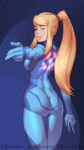  1girl blonde_hair blue_eyes bodysuit highres latex long_hair looking_at_viewer metroid nintendo power_suit samus_aran shiny shiny_clothes shirt skin_tight smile solo spandex tight tight_shirt upsi1on zero_suit 