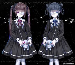  2girls artist_name bandages bangs black_dress blue_eyes blue_neckwear closed_mouth collar cropped_legs dress eyepatch frills gothic_lolita highres holding holding_toy kazunehaka lolita_fashion long_hair looking_at_viewer multiple_girls original red_neckwear siblings sidelocks smile starry_background stuffed_toy toy twins violet_eyes white_legwear 