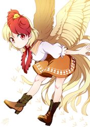  1girl animal_on_head bird bird_on_head boots chick cowboy_boots dated dress full_body leaning_forward looking_at_viewer mikagami_hiyori multicolored_hair neckerchief niwatari_kutaka on_head orange_dress red_eyes red_neckwear short_hair short_sleeves signature simple_background solo tail_feathers touhou two-tone_hair white_background wings yellow_wings 