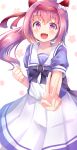  1girl animal_ears aru_(arudes) bow clenched_hand hair_bow hair_intakes haru_urara_(umamusume) headband highres horse_ears horse_girl long_hair looking_at_viewer open_mouth outstretched_arm pink_eyes pink_hair ponytail purple_shirt ribbon school_uniform serafuku shirt short_sleeves skirt smile solo symbol-shaped_pupils umamusume v white_skirt 