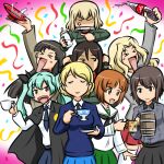  &gt;_&lt; 6+girls :d anchovy_(girls_und_panzer) anger_vein angry animal_print anzio_school_uniform arm_up bangs bear_print beer_mug birthday black_cape black_neckwear black_ribbon black_skirt blazer blonde_hair blouse blue_skirt blue_sweater bob_cut boko_(girls_und_panzer) bottle braid brown_eyes brown_hair cape carrying closed_eyes closed_mouth coca-cola coffee_cup coffee_mug confetti cup darjeeling_(girls_und_panzer) disposable_cup dress_shirt drill_hair facing_viewer frown girls_und_panzer green_hair green_jacket green_skirt grey_jacket grey_shirt grimace hair_intakes hair_ribbon holding holding_bottle holding_cup holding_saucer jacket katyusha_(girls_und_panzer) kay_(girls_und_panzer) kogane_(staygold) kuromorimine_school_uniform long_hair long_sleeves looking_at_another lowres miniskirt mug multiple_girls neckerchief necktie nishi_kinuyo nishizumi_maho nishizumi_miho nonna_(girls_und_panzer) odd_one_out ooarai_school_uniform open_mouth pleated_skirt pravda_school_uniform red_eyes red_shirt red_skirt ribbon sailor_collar sakazuki saucer saunders_school_uniform school_uniform serafuku shirt short_hair shoulder_carry siblings sisters skirt smile soda_bottle spilling st._gloriana&#039;s_school_uniform standing streamers sweater teacup thigh-highs tied_hair turtleneck twin_braids twin_drills twintails v-neck white_blouse white_legwear white_sailor_collar white_shirt wing_collar xd 