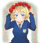  1girl bangs black_neckwear blonde_hair blue_eyes blue_sweater braid closed_mouth commentary darjeeling_(girls_und_panzer) dress_shirt emblem floral_background girls_und_panzer hands_on_headwear head_wreath highres long_sleeves looking_at_viewer namatyoco necktie red_headwear school_uniform shirt short_hair smile solo st._gloriana&#039;s_school_uniform sweater tied_hair twin_braids twitter_username v-neck white_shirt wing_collar 