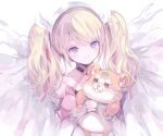  1girl angel_wings blonde_hair blue_eyes blush dress eyebrows_visible_through_hair gloves halter_top halterneck headband highres holding holding_stuffed_toy long_hair original pink_shirt shirt smile solo stuffed_hamster stuffed_toy twintails upper_body white_headband wings yukari_(rihenara_doll) 