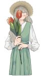  1girl blush closed_eyes flower grey_hair hat holding holding_flower jastaway long_hair long_sleeves no_mouth original plant shirt simple_background solo straw_hat upper_body white_background white_shirt 