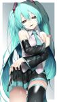  1girl aqua_eyes aqua_hair aqua_nails aqua_neckwear asymmetrical_legwear bare_shoulders black_legwear black_skirt black_sleeves contrapposto cowboy_shot detached_sleeves gradient gradient_background grey_shirt hair_ornament half-closed_eyes hand_on_hip hand_on_own_shoulder hatsune_miku headset highres long_hair looking_at_viewer miniskirt nail_polish necktie open_mouth pleated_skirt rsk_(tbhono) shirt single_thighhigh skirt sleeveless sleeveless_shirt smile solo thigh-highs thighs twintails very_long_hair vocaloid 