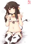  1girl ? alternate_costume animal_ears animal_print artist_logo bangs bell bikini black_hair blunt_bangs brown_eyes commentary_request covered_nipples cow_ears cow_horns cow_print cow_tail cowbell cowboy_shot dated double_v ear_tag fake_animal_ears fake_horns front-tie_top hatsuyuki_(kancolle) highres hime_cut horns kanon_(kurogane_knights) kantai_collection long_hair looking_at_viewer micro_bikini one-hour_drawing_challenge simple_background sitting solo spoken_question_mark swimsuit tail thigh-highs v white_background white_bikini white_legwear 