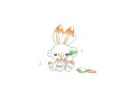  brown_eyes carrot commentary_request fang gen_8_pokemon highres holding holding_carrot nao_me_mo paws pokemon pokemon_(creature) scorbunny simple_background solo standing starter_pokemon toes white_background 