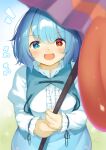  +_+ 1girl :d bangs blue_eyes blue_hair blue_skirt blue_vest blush commentary_request cowboy_shot eyebrows_visible_through_hair hair_between_eyes heterochromia holding holding_umbrella juliet_sleeves karakasa_obake long_sleeves looking_at_viewer notice_lines open_mouth piyodesu puffy_sleeves red_eyes shirt short_hair skirt smile solo tatara_kogasa tongue touhou translation_request umbrella vest white_shirt 