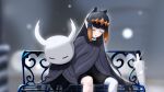  1girl absurdres bangs bench cape cloak closed_eyes highres hollow_eyes hollow_knight horns knight_(hollow_knight) long_hair mask ninomae_ina&#039;nis pointy_ears purple_hair sitting sleeping sseldne sword tentacle_hair tentacles virtual_youtuber weapon 
