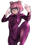  1girl 6maker aqua_eyes bangs bodysuit borrowed_character breasts cosplay double_bun expressionless glasses han_juri han_juri_(cosplay) hands_up highres leg_up lulu_(luulubuu) medium_breasts original pink_hair pink_nails purple_bodysuit round_eyewear short_hair simple_background solo street_fighter street_fighter_v white_background zipper 