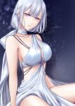  1girl artist_name bangs bare_shoulders breasts closed_mouth collarbone eyebrows_visible_through_hair filha girls_frontline lips looking_at_viewer medium_breasts medium_hair rpk-16_(girls_frontline) silver_dress silver_hair simple_background sitting solo violet_eyes 