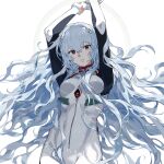  arms_up ayanami_rei blue_hair breasts formal hair_ornament highres kazari_tayu long_hair neon_genesis_evangelion plugsuit red_eyes suit toned very_long_hair white_suit 