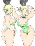  1girl absurdres alternate_costume animal_ears arms_up asimatosinosin ass bangs bare_shoulders black_neckwear blonde_hair bow bowtie braid breasts breasts_apart covered_navel detached_collar fake_animal_ears feet_out_of_frame green_leotard highleg highleg_leotard highres hyrule_warriors leotard linkle looking_at_viewer medium_breasts medium_hair multiple_views parted_lips playboy_bunny pointy_ears rabbit_ears smile strapless strapless_leotard the_legend_of_zelda twin_braids 