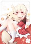  1girl :&lt; bangs blonde_hair blush commentary_request dodoco_(genshin_impact) doll_hug dress eyebrows_visible_through_hair genshin_impact highres klee_(genshin_impact) kneehighs knees_up long_hair looking_at_viewer no_shoes red_dress red_eyes sitting smile solo stuffed_animal stuffed_toy tutsucha_illust white_bloomers white_legwear 