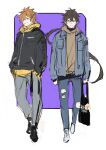  2boys absurdres alternate_costume bag bangs black_hair blue_eyes casual closed_mouth genshin_impact hair_between_eyes hands_in_pockets highres holding holding_bag jacket jennygin2 jewelry long_hair long_sleeves male_focus multiple_boys orange_hair pants ponytail simple_background single_earring sketch standing tartaglia_(genshin_impact) torn_clothes torn_pants two-tone_background yellow_eyes zhongli_(genshin_impact) 