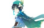  1boy androgynous bangs beret black_hair blue_hair braid cape collared_cape corset flower frilled_sleeves frills from_side genshin_impact gradient_hair green_eyes green_headwear hat hat_flower leaf light_particles long_sleeves looking_at_viewer male_focus malja multicolored_hair short_hair_with_long_locks simple_background smile solo twin_braids venti_(genshin_impact) white_background white_flower 