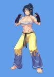  1girl abs absurdres baggy_pants belt black_belt blue_hair breast_strap breasts cirenk clenched_hands commission green_eyes headband highres long_pants looking_at_viewer muscular muscular_female original pants ponytail 