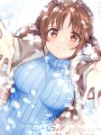  1girl bangs blue_sweater breasts brown_coat brown_eyes brown_hair capelet closed_mouth coat eyebrows_visible_through_hair fur-trimmed_capelet fur_trim idolmaster idolmaster_cinderella_girls incoming_hug large_breasts looking_at_viewer reaching_out reflective_eyes ribbed_sweater shiitake_taishi short_hair smile snowflakes solo sweater totoki_airi turtleneck turtleneck_sweater twintails 