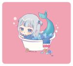 1girl :o bangs bathtub blue_eyes blue_hair blush bubble chibi eyebrows_visible_through_hair fish_tail gawr_gura heart hololive hololive_english looking_at_viewer multicolored_hair open_mouth pink_background pon_miso scar_on_tail shark_tail solo streaked_hair tail two_side_up virtual_youtuber 