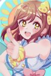  1girl bangs blurry blush_stickers brown_hair cream_(nipakupa) depth_of_field earrings eyebrows_visible_through_hair frills jewelry kimi_no_kokoro_wa_kagayaiteru_kai? kunikida_hanamaru long_hair love_live! love_live!_sunshine!! multicolored multicolored_clothes necktie pointing pointing_at_viewer ribbon scrunchie yellow_eyes yellow_ribbon yellow_scrunchie 