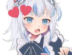  1girl :o alternate_costume blue_bow blue_eyes blue_hair bow enmaided fang from_side gawr_gura heart hololive hololive_english light_blush maid maid_headdress open_mouth pon_miso silver_hair solo two_side_up upper_body virtual_youtuber white_background 