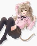  1girl :d animal_ears anz32 arm_up bangs black_bow black_legwear black_shorts blush bow brown_eyes brown_hair cat_ears collared_shirt commentary_request drop_shadow eyebrows_visible_through_hair fang grey_background hair_between_eyes hand_up knees_up long_hair long_sleeves looking_at_viewer lying no_shoes on_back open_mouth original pink_shirt shirt short_shorts shorts smile solo thigh-highs twitter_username two_side_up watermark 
