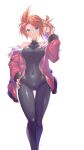  1girl absurdres bare_shoulders bodysuit breasts commentary_request covered_collarbone covered_navel ekaki-ya_okamoto feet_out_of_frame highres jacket large_breasts long_sleeves original simple_background skin_tight sleeveless_bodysuit solo standing white_background 