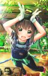  1girl :d abo_(kawatasyunnnosukesabu) black_eyes black_hair commentary eyebrows_visible_through_hair gardening gloves highres holding looking_at_viewer open_mouth original overalls plant potted_plant side_ponytail smile solo watering_can 