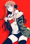  1girl ahoge bangs bare_shoulders black_legwear black_tank_top black_vest coat fur-trimmed_coat fur_trim glasses green_coat hands_in_pockets headphones highres long_hair nonaka_nono off-shoulder_shirt off_shoulder orange_hair persona persona_5 red_background sakura_futaba shirt short_shorts shorts simple_background smile t-shirt tank_top thigh-highs vest white_shirt zettai_ryouiki 