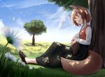  1girl :d absurdres akinakesu-chan animal_ear_fluff animal_ears black_pants blue_sky blurry blurry_foreground blush brown_footwear brown_hair closed_eyes clouds commentary_request copyright_request day depth_of_field flower full_body highres instrument instrument_request long_sleeves music on_grass open_mouth outdoors pants petals playing_instrument red_vest shirt shoes sitting sky smile solo tail tree vest white_flower white_shirt 