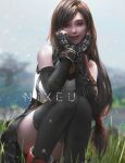  1girl arm_guards bare_shoulders black_gloves black_legwear black_skirt blurry blurry_background brown_eyes brown_hair elbow_gloves final_fantasy final_fantasy_vii final_fantasy_vii_remake fingerless_gloves gloves grass hands_on_own_cheeks hands_on_own_face highres long_hair low-tied_long_hair low_tied_hair md5_mismatch miniskirt nixeu outdoors painting pleated_skirt red_footwear shirt skirt smile squatting suspender_skirt suspenders tank_top taut_clothes taut_shirt thigh-highs thighs tifa_lockhart 