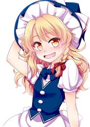  1girl :d arm_behind_head arm_up blonde_hair blush bow bowtie braid commentary_request eyebrows_visible_through_hair hair_ribbon hat kirisame_marisa long_hair looking_at_viewer mikagami_hiyori open_mouth puffy_short_sleeves puffy_sleeves ribbon short_sleeves side_braid simple_background single_braid smile solo touhou upper_body vest waist_bow white_background witch_hat yellow_eyes 