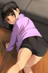  1girl absurdres all_fours ass bangs black_hair black_shorts blush brown_eyes closed_mouth couch eyebrows_visible_through_hair feet_out_of_frame from_behind highres long_hair long_sleeves looking_at_viewer looking_back matsunaga_kouyou nose_blush on_floor original purple_shirt shirt short_shorts shorts sleeves_past_wrists solo thighs wooden_floor 