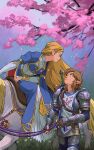  1boy 1girl absurdres blonde_hair branch brown_hair cherry_blossoms dress eye_contact highres horse link long_hair looking_at_another looking_up malin_falch master_sword parted_lips petals pointy_ears princess_zelda riding saddle smile soldier&#039;s_set_(zelda) sword sword_behind_back the_legend_of_zelda the_legend_of_zelda:_breath_of_the_wild triforce weapon 