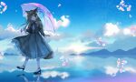  1girl :d animal_ear_fluff animal_ears black_footwear blue_sky brown_eyes brown_hair clouds commentary_request day fox_ears fox_tail frilled_skirt frills full_body grey_jacket grey_skirt hazakura_konoha high_heels highres holding holding_umbrella indie_virtual_youtuber jacket long_hair long_sleeves looking_at_viewer mountain myusha open_clothes open_jacket open_mouth outdoors pantyhose pink_umbrella pleated_skirt reflection shirt shoes skirt sky smile solo standing standing_on_one_leg tail transparent transparent_umbrella umbrella very_long_hair virtual_youtuber water white_legwear white_shirt 