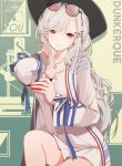  1girl absurdres azur_lane black_headwear butterfly_hair_ornament character_name cup dress dunkerque_(afternoon_aphrodite)_(azur_lane) dunkerque_(azur_lane) eyewear_on_head french_flag grey_hair hair_ornament hand_in_hair highres holding holding_cup jacket long_hair meowfficer_(azur_lane) official_alternate_costume pink-tinted_eyewear rabe26k red_eyes solo sunglasses tinted_eyewear very_long_hair white_dress white_jacket 