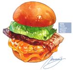  bacon bread bread_bun cheese english_text food food_focus hamburger highres lettuce meat momiji_mao no_humans original realistic signature simple_background sparkle still_life vegetable white_background 