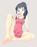  1girl bangs barefoot black_hair bracelet collarbone commentary hikari_(pokemon) eating eyebrows_visible_through_hair eyelashes food full_body grey_background grey_eyes hair_tie hand_up highres holding holding_stick jewelry knees long_hair pink_swimsuit pokemon pokemon_(game) pokemon_dppt popsicle shiny shiny_hair sidelocks simple_background solo spread_legs stick suitenan swimsuit swimwear tied_hair toes 